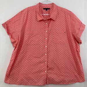 Tommy Hilfiger size 3X Red White Floral Polka Dot Short Sleeve Cotton Button Up